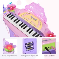 HOMCOM Teclado Electrónico Infantil 32 Teclas Juguete Musical Piano Infantil Piano para Niños con Micrófono Taburete Luces Variedad Sonidos Rítmos Melodias MP3 Karaoke Modo de Enseñanza Rosa(m-5)