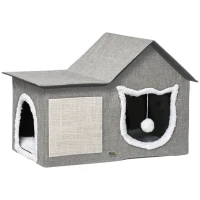 PawHut Katzenhaus mit Kratzfläche, inkl. Spielball, Katzenhöhle, 65 cm  x 41 cm x 45.5H cm, Braun + Weiß + Beige(m-1)