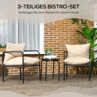 Outsunny Outdoor Sitzgruppe, 3-teilig, 2 Stühle, Tisch mit Glasplatte, Sitzkissen, Metallgestell, Beige(m-4)