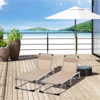 Outsunny Foldable Outdoor Sun Loungers Set of 2, Reclining Lounge Chair Camping Bed Cot with Pillow 4-Level Adjustable Back Aluminium Frame, Khaki(m-2)