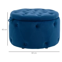 HOMCOM Pouf Poggiapiedi Rotondo con Vano Contenitore in Velluto Trapuntato, Ø60 x 40 cm, Blu Scuro(m-3)
