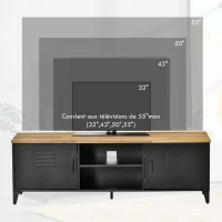 HOMCOM Meuble TV Banc TV pour téléviseurs de 55'' avec 2 Placards Pieds Réglables Cadre métalique noir Plateau en Bois Naturel 150 x 40 x 50 cm(m-4)
