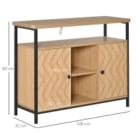 HOMCOM Meuble de rangement buffet style graphique 2 placards porte avec étagère 2 niches étagère grand plateau métal noir MDF aspect chêne clair(m-3)