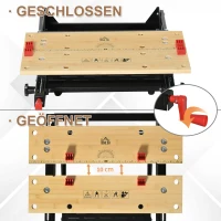 HOMCOM Werktisch Spanntisch Werkbank Werkstatt Versenkbare und klappbare Tischplatte Belastbarkeit Arbeitstisch höhenverstellbarer Tisch Metall Bambus Naturholz+Schwarz+Rot 68 x 60 x 21-78 cm(m-5)