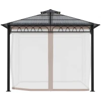 Outsunny 3 x 3 (m) Outdoor Polycarbonate Gazebo, Double Roof Hard Top Gazebo with Galvanised Steel Frame, Nettings & Curtains for Garden, Lawn, Patio and Deck, Khaki(m-9)