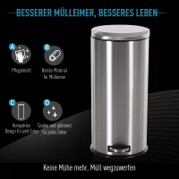 HOMCOM 30L Mülleimer Treteimer aus Edelstahl, Abfalleimer mit Inneneimer, Müllbehälter mit Deckel und Fußpedal, für Wohnzimmer, Büro, Ø29,2 x 62,5 cm(m-5)