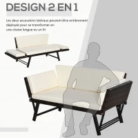 Outsunny Canapé lit de jardin extensible 3 places grand confort 4 coussins écru inclus résine tressée imitation rotin chocolat(m-4)
