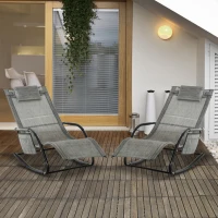 Outsunny 2PCs Outdoor Garden Rocking Chair, Patio Sun Lounger Rocker Chair with Breathable Mesh Fabric, Removable Headrest Pillow, Armrest, Side Storage Bag, Dark Grey(m-10)