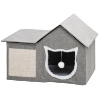 PawHut Caseta para Gatos Casa para Gatos Interior con Almohadilla para Rascar Cojín Suave y Bola Colgante 65x41x45,5 cm Gris(m-11)