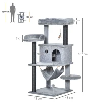 PawHut Árbol Rascador para Gatos 48x48x107 cm Torre para Gatos con Cueva de Fieltro Desmontable Hamaca Camas Plataformas Gris(m-3)