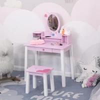 HOMCOM Kids Wooden Dressing Table and Stool Make Up Desk (Pink)(m-10)