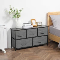 HOMCOM Commode meuble de rangement 100 x 30 x 54 cm 5 tiroirs non-tissés gris foncé structure acier noir aspect bois(m-7)