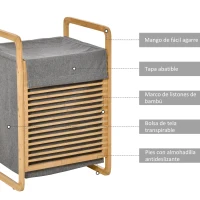 HOMCOM Cesto para Ropa Sucia de Bambú Cesto Rectangular de Ropa Portátil con Tapa y Bolsa Extraíble Mueble de Baño Dormitorio 40x35,5x60,5 cm Color Natural y Gris(m-5)