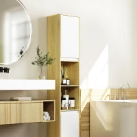 HOMCOM Mobile Colonna Bagno Salvaspazio in Legno con 2 Armadietti e Ripiani, 30x24x170 cm, Rovere e Bianco(m-8)