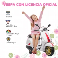 AIYAPLAY Moto Eléctrica para Niños de +3 Años con Licencia Vespa con USB MP3 Luz LED Radio FM Velocidad 3 km/h Carga 35kg Blanco(m-4)
