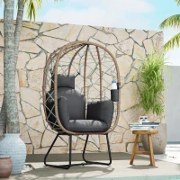 Outsunny Rattan Egg Chair Outdoor Indoor Wicker Chair with Thickened Cushion and Headrest, Standing Garden Egg Chair with Cup Holder, Metal Frame for Patio, Balcony, Brown(m-8)