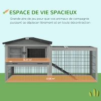 PawHut Clapier de sol cage à lapin cottage niche supérieure avec rampe enclos extérieur 150 x 52 x 68 cm gris(m-4)