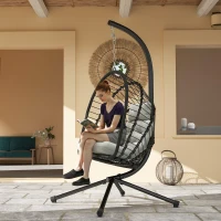 Outsunny Outdoor PE Rattan Swing Chair with Foldable Basket and Cushion, Garden Patio Hanging Egg Chair with Metal Stand, Headrest for Indoor and Outdoor, Black(m-10)