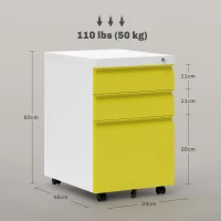 Vinsetto 3 Drawer Filling Cabinet, Mobile Metal File Cabinet with Anti-tilt Design for Letter, A4, Legal Size, Yellow(m-3)