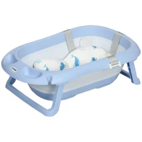 ZONEKIZ Vaschetta Bagnetto Pieghevole Bambini 0-6 Anni con Cuscino e 2 Ripiani, 83x48x23.5 cm, Blu e Bianco(m-10)