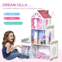 HOMCOM Kids Wooden Dolls house with Furniture Accessories 3 Storey Dollhouse for Toddler Girls 3-6 Years Pink(m-6)