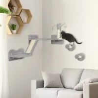 PawHut 3-Piece Cat Wall Furniture with Scratching Posts, Scratching Pads, Perches, Cat Wands, Toy Balls, Light Grey(m-2)
