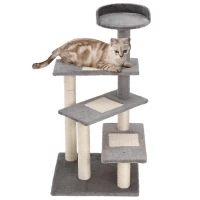 PawHut Kletterbaum Katzenbaum Spielbaum Katzenkratzbaum Treppe 5 Schichte Beige Grau 48,5 x 48,5 x 100 cm (LxBxH)(m-1)