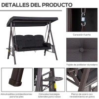 Outsunny Balancín de Jardín Exterior de 3 Plazas con Toldo Curvo 2 Bandejas Laterales y 2 Almohadas de Brazo 206x116x183 cm Negro(m-5)