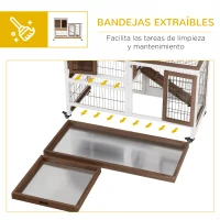PawHut Conejera de Madera con Ruedas para Interior Jaula de 2 Pisos con Rampa y 2 Bandejas Extraíbles 110x50x88cm Marrón(m-6)