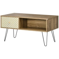 HOMCOM Mesa de Centro Estilo Boho con Cajón Estampado y Patas de Metal de Horquilla para Salón Oficina 90x45x46cm Madera(m-10)