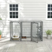 PawHut 71" Outdoor Wooden Cat House with Three Platforms, Large Door, Water-Resistant Roof, for Multiple Cats, Grey(m-8)