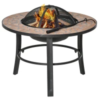 Outsunny Braciere da Giardino con Coperchio Parascintille, Attizzatoio e Piano in Ceramica, 68x68x45 cm, Nero(m-10)