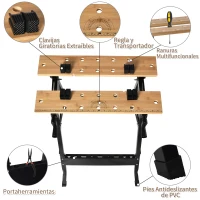 HOMCOM Banco de Trabajo Plegable Portátil con Tableros Ajustables Ángulo y Distancia 63,5x60,5x78 cm Madera Natural y Negro(m-4)