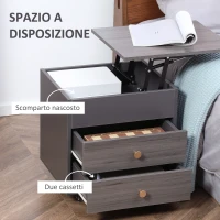 HOMCOM Comodino Moderno in Legno con Piano Sollevabile, 2 Cassetti e Ruote, 50x40x50cm, Grigio(m-5)