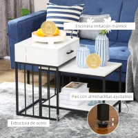 HOMCOM Juego de 2 Mesas de Centro Modernas con Encimera de Mármol Estante y Cajón para Salón 45x42x63,5 cm y 40x60x45 cm Blanco(m-5)