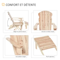 Outsunny Fauteuil de Jardin Adirondack Pliable avec Repose-Pied et Table Basse Bois Sapin traité Naturel(m-5)