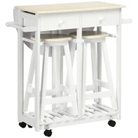 HOMCOM Carrito de Cocina de Madera con 2 Taburetes Mesa con Ruedas Ala Abatible Cajones y Estante 87x74x86 cm Blanco(m-10)