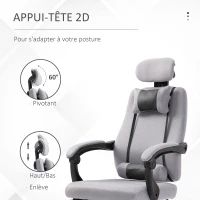 HOMCOM Fauteuil de bureau manager grand confort repose-pied tétière + coussin lombaires intégrés dossier inclinable revêtement tissu micro perforé gris noir(m-6)