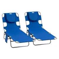 Outsunny 2 Pieces Foldable Sun Lounger with Reading Hole, Portable Sun Lounger with 5 Level Adjustable Backrest, Reclining Lounge Chair with Side Pocket, Headrest Pillow, Blue(m-1)