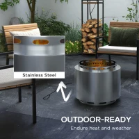 Outsunny Smokeless Fire Pit, 48.5cm Portable Wood Burning Firepit with Poker for Garden Camping Bonfire Party, Stainless Steel, Silver(m-6)