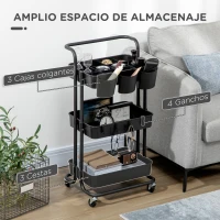 HOMCOM Carrito Auxiliar con Ruedas Carro de Almacenaje Multifuncional con Ganchos y Cajas Colgantes 42x38x86,5 cm Negro(m-4)