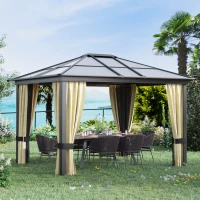 Outsunny 3 x 3.6(m) Hardtop Gazebo Canopy with Polycarbonate Roof and Aluminium Frame, Garden Pavilion with Mosquito Netting and Curtains, Brown(m-11)