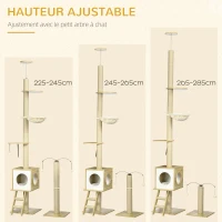 PawHut Arbre à chat sol au plafond hauteur réglable 225-285 cm avec poteau à gratter 4 niveaux niche hamac échelle jeux beige(m-6)