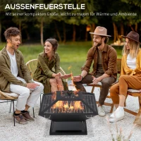 Outsunny Feuerschale 45 x 45 x 34cm aus Edelstahl Feuerstelle mit Funkenschutz Schürhaken Feuerschalen Feuerkorb für Garten, Balkon, BBQ Camping Schwarz(m-4)