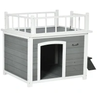 PawHut Hundehütte, Dachterrasse, Treppe, Fenster, Bodenabstand, Naturholz, hellgrau, 121 x 77 x 78cm(m-10)