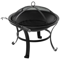 Outsunny Brasero Exterior de Metal Ø56 cm Cuenco de Fuego de Jardín con Tapa Protectora contra Chispas y Atizador para Hogueras Leñas Terraza Camping Fiestas Negro(m-1)