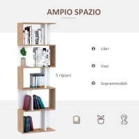 HOMCOM Scaffale Libreria a 5 Ripiani Suddivisi, Libreria Salvaspazio a Forma di S in Legno, Scaffale Divisorio per Soggiorno, Camera da Letto e Ufficio, 60x24x184.5 cm, Color Legno e Bianco(m-4)