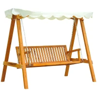 Outsunny 3 Seater Garden Swing Seat with Canopy, Wooden Swing Chair, Outdoor Hammock Bench for Balcony Patio Porch, Cream White(m-1)