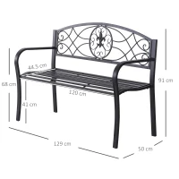 Outsunny Panchina da Esterno a 2 Posti, Panchina da Giardino Design Floreale Ergonomica con Braccioli in Metallo Nero, 129x50x91cm(m-3)