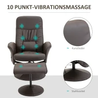 HOMCOM Relaxsessel mit Hocker, drehbarer Fernsehsessel mit 10 Massagepunkte, Liegefunktion, Massagesessel mit Fernbedienung, Seitentasche, TV-Sessel, Kunstleder, Braun(m-4)